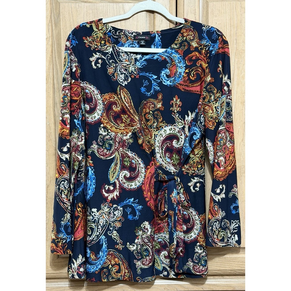 Cocomo Woman Paisley Print‎ Tunic Top Blouse Sz 2X Blue Faux Wrap Tie 3/4 Sleeve